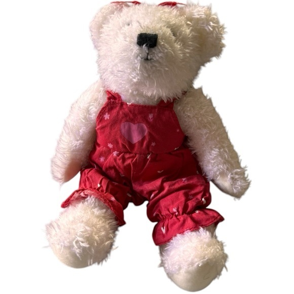 Hallmark Kissing‎ Bear Plush White Valentine with Heart Overalls Stuffed Animal - Picture 1 of 11